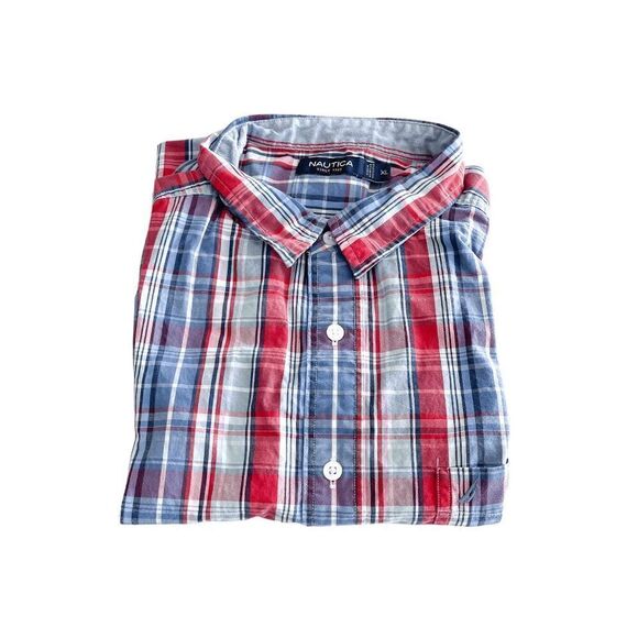 Nautica Mens Collared Shirt Button Down Short Sleeve Plaid Red Blue XL - Picture 7 of 7